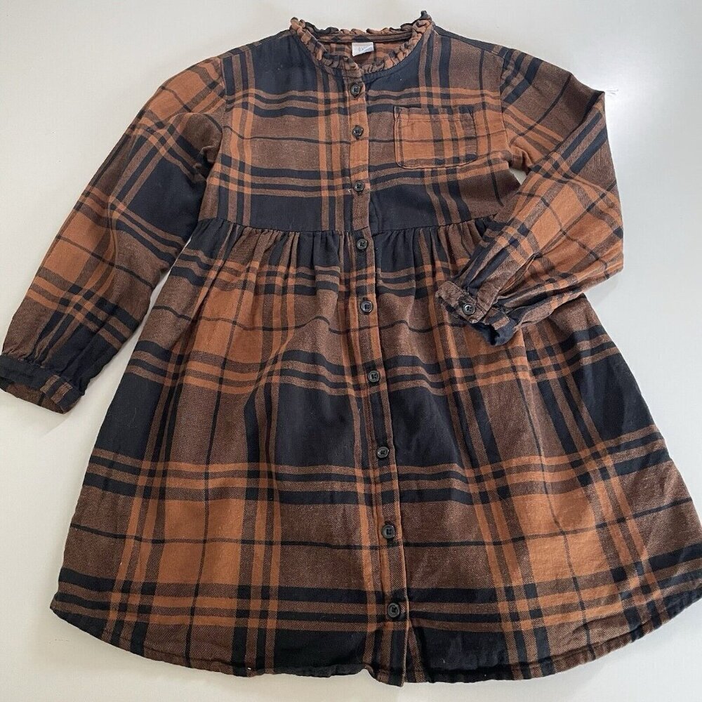 Gap Kids Girls 5Y Flannel Shirt Dress Black Brown Plaid Fall Button Up Soft